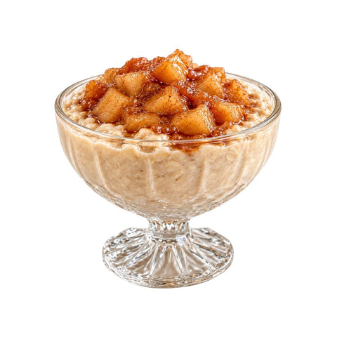 Apple cinnamon overnight oats layered in a glass bowl with diced apples and caramel drizzle, a luxe + lemons breakfast