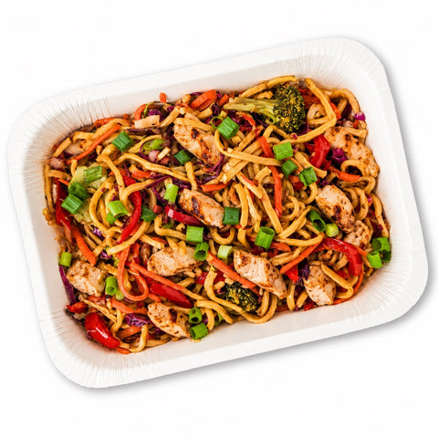 A prepared chicken and noodle stir-fry meal served in a white disposable plastic container, photographed from a top-down angle on a clean white background.