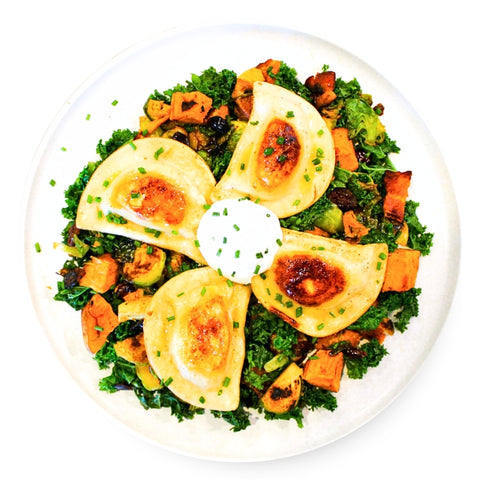 Pierogies + Brussels Bacon Hash